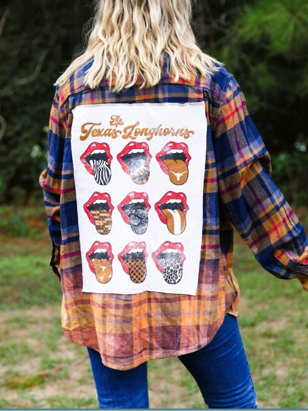 Upcycled Texas Longhorns Graphic Patch Plaid Flannel - Red, Gold, Blue